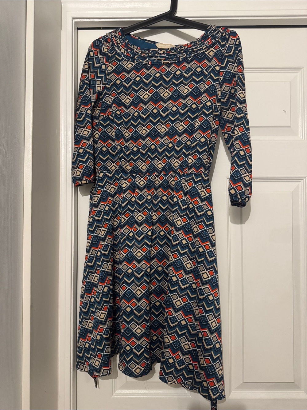 Banana Republic Navy, Coral & Cream Geometric Long-Sleeve Fit Dress